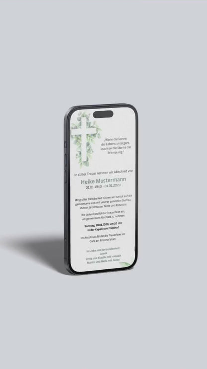 Digitale Trauerkarte mit Kreuz und Eukalyptus – modern, natürlich und tröstlich gestalten
