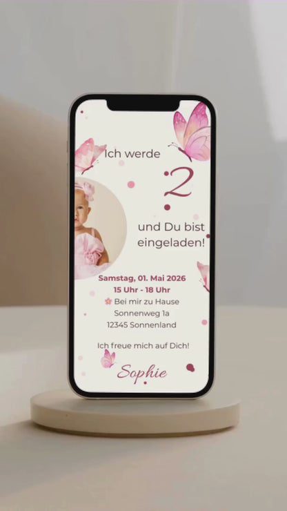 Digitale Geburtstagseinladung für Kinder – Schmetterlings-Design in Rosa mit Foto