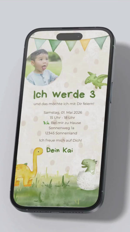 Digitale Geburtstagseinladung für Kinder – Dino-Design mit Foto & grünen Akzenten