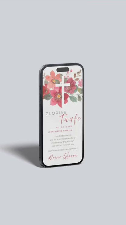 Digitale Taufeinladung – florales Design mit Kreuz in kräftigen Rottönen