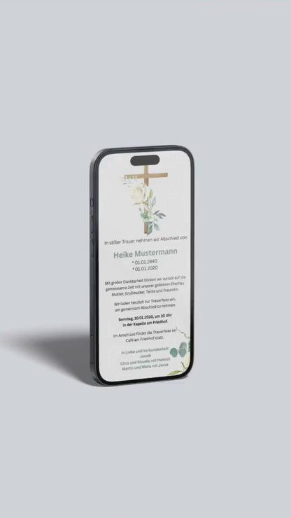 Digitale Trauerkarte mit Holzkreuz und weißen Rosen – liebevoll und klassisch Abschied nehmen