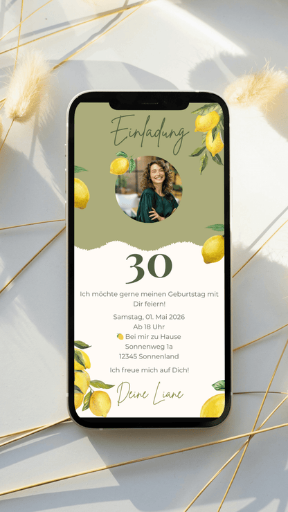 Stilvolle digitale Einladung zum Geburtstag mit frischem Zitronen - Look - karten - digital