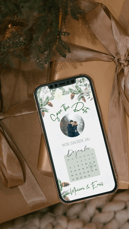 Winterliche Save - the - Date Karte – digital & stilvoll mit Tannenzweigen und Kalender - karten - digital