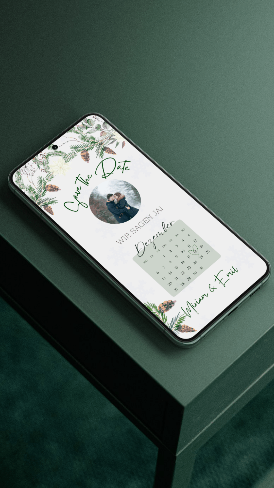 Winterliche Save - the - Date Karte – digital & stilvoll mit Tannenzweigen und Kalender - karten - digital