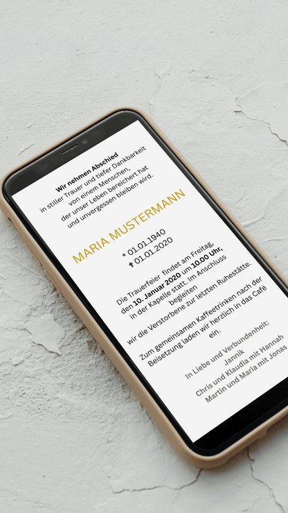 Zweiseitige digitale Trauerkarte – elegantes Design für eine würdevolle Einladung zur Beisetzung - karten - digital